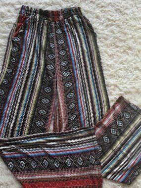 CHANDLY Casual Striped Printed Pants Wide Legs Drawstring Pull On Multicolor M